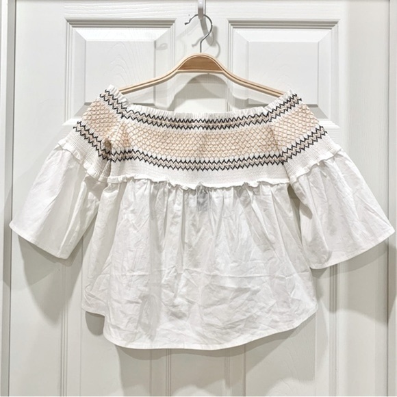 White Embroidered Smocked Off-Shoulder Top - Picture 2 of 6